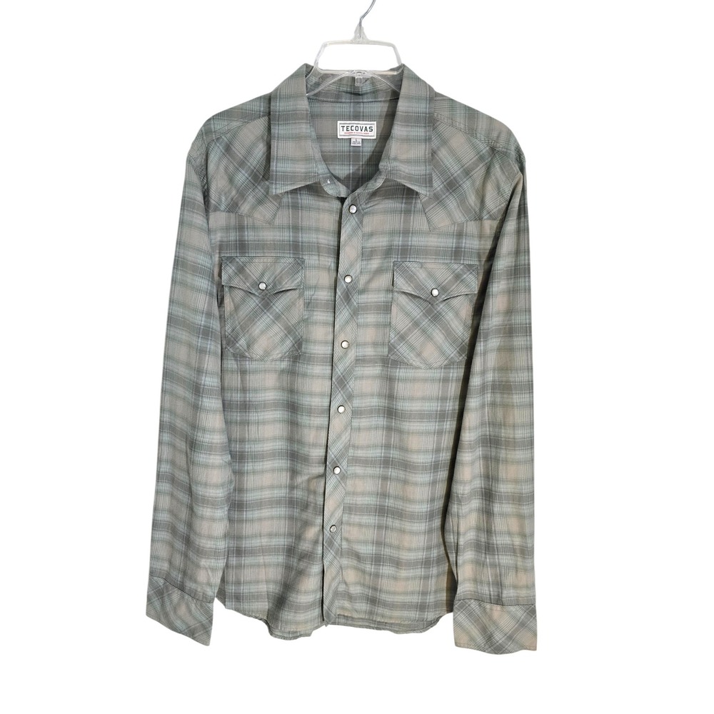 Tecovas Mens Pearl Snap Western Shirt Sage Green Plaid TECMFW22W10 L